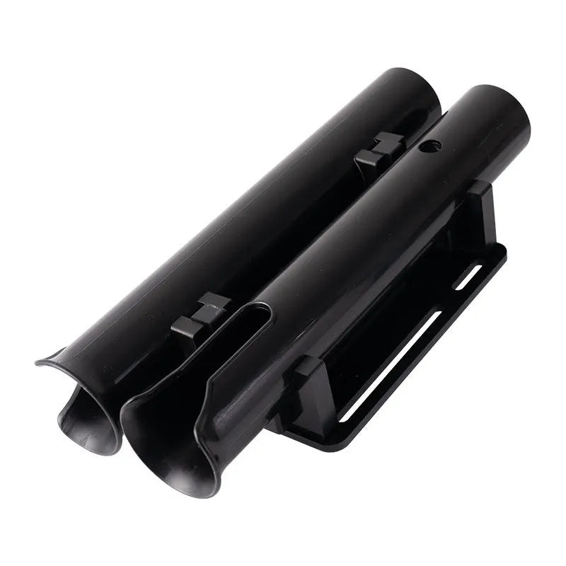 Black carbon fibre plastic fishing rod rack mounted on bicycle handlebars with adjustable straps
