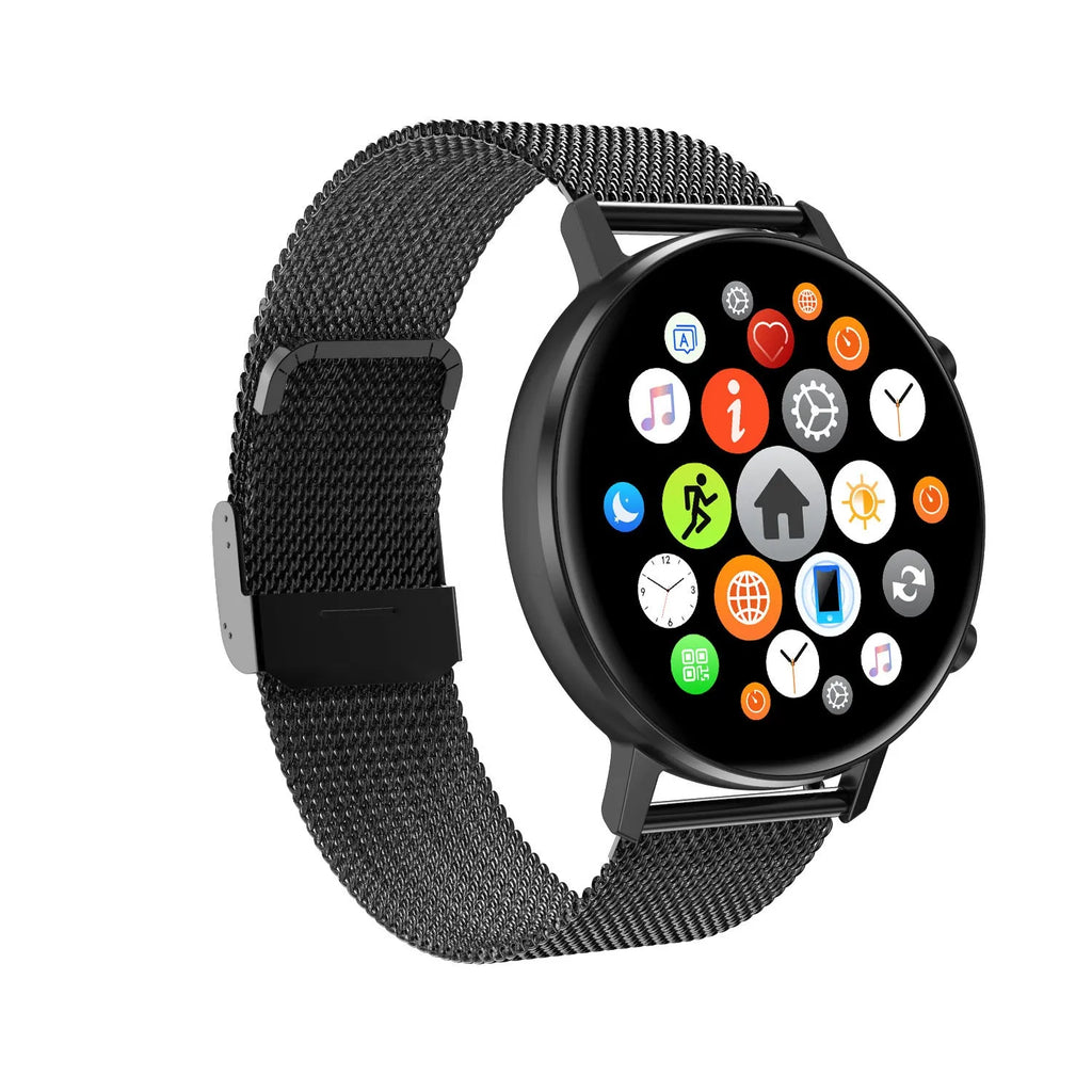 DT96 smart fitness tracker with steel strap on wrist displaying time on 1.3-inch screen