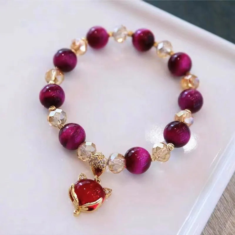 Natural tigereye stone bracelet with single or double chain design in rose red or green styles