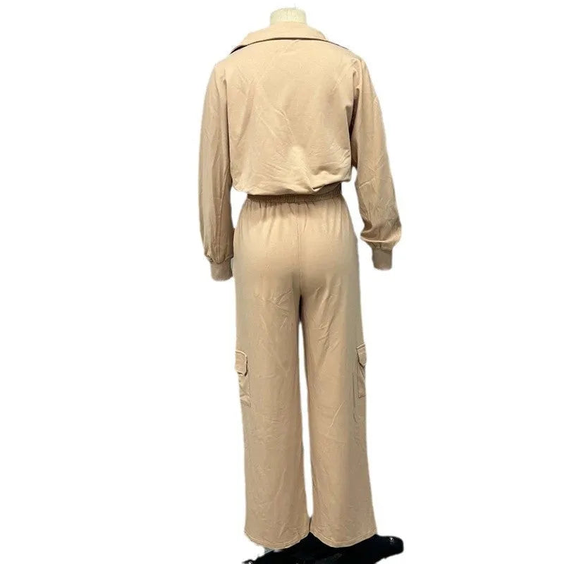 Women's light camel polyester two-piece set with lapel short top and high waist wide leg trousers