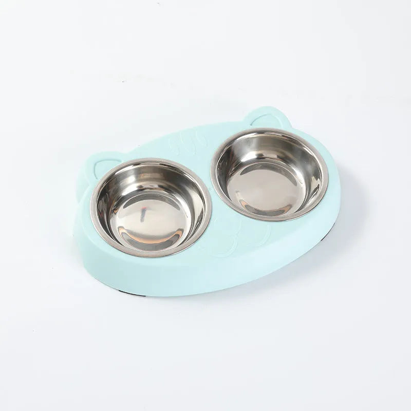 Blue macaron-shaped plastic pet feeder with two bowls for cat or dog food and water