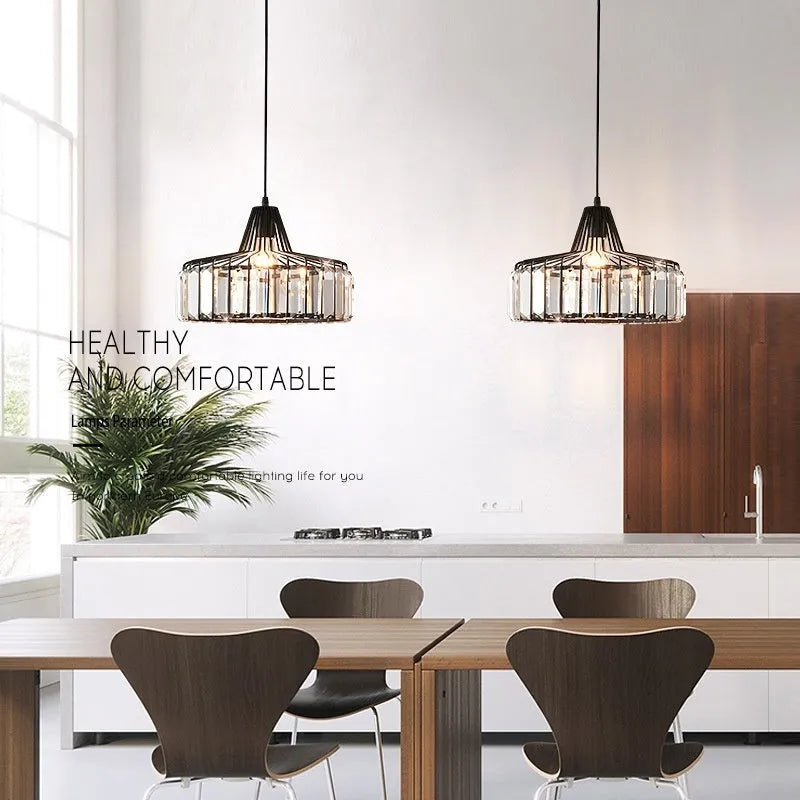 Modern crystal ceiling sun lamp in black or gold finish, available in 18cm, 25cm, and 32cm diameters.