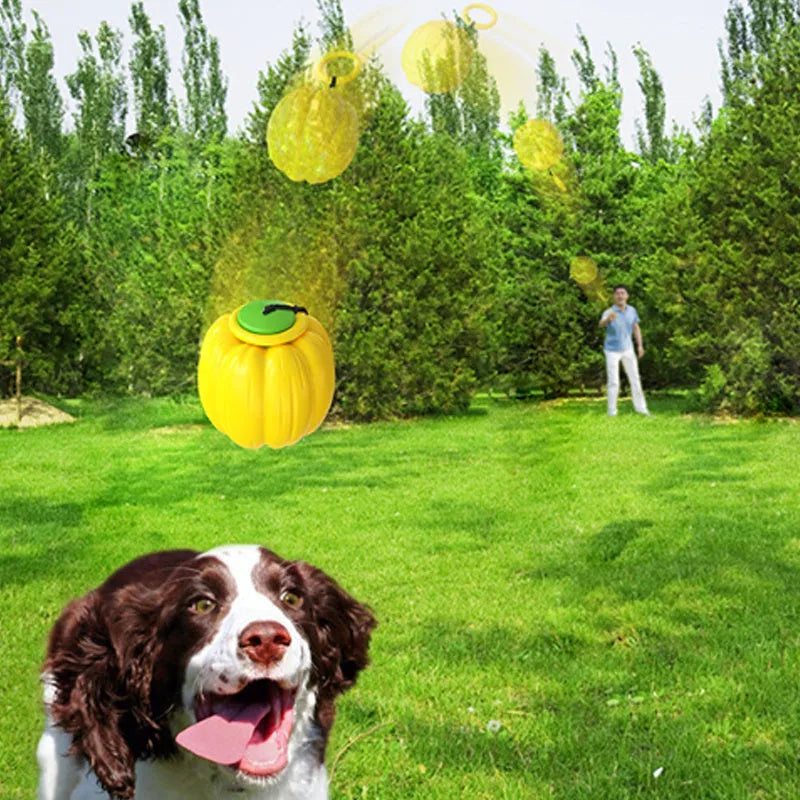 Green, orange, and yellow plastic pumpkin-shaped dog balls with squeakers for small dogs