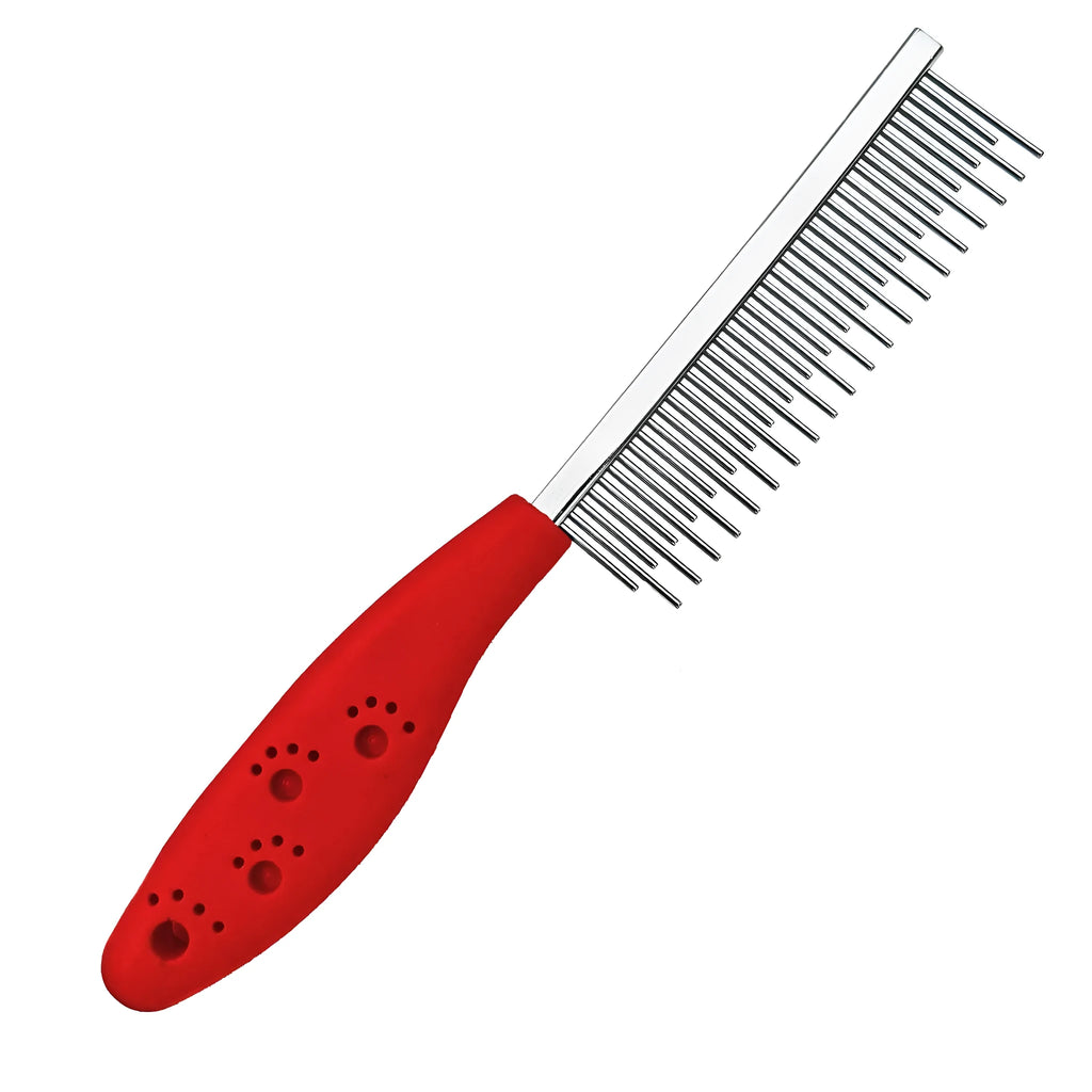 Red handled pet grooming comb with dual-length stainless steel teeth for dematting dogs and cats.