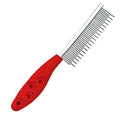 Red handled pet grooming comb with dual-length stainless steel teeth for dematting dogs and cats.