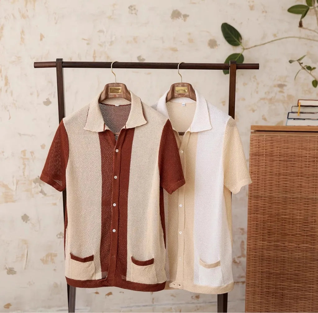 Hollow knit cotton linen blend lapel cardigan in beige colour with short sleeves