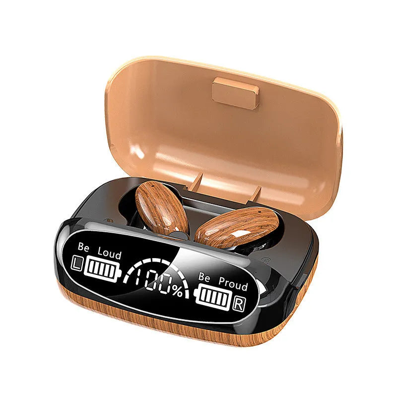 Wood grain M35 TWS Bluetooth headphones with charging case showing power display