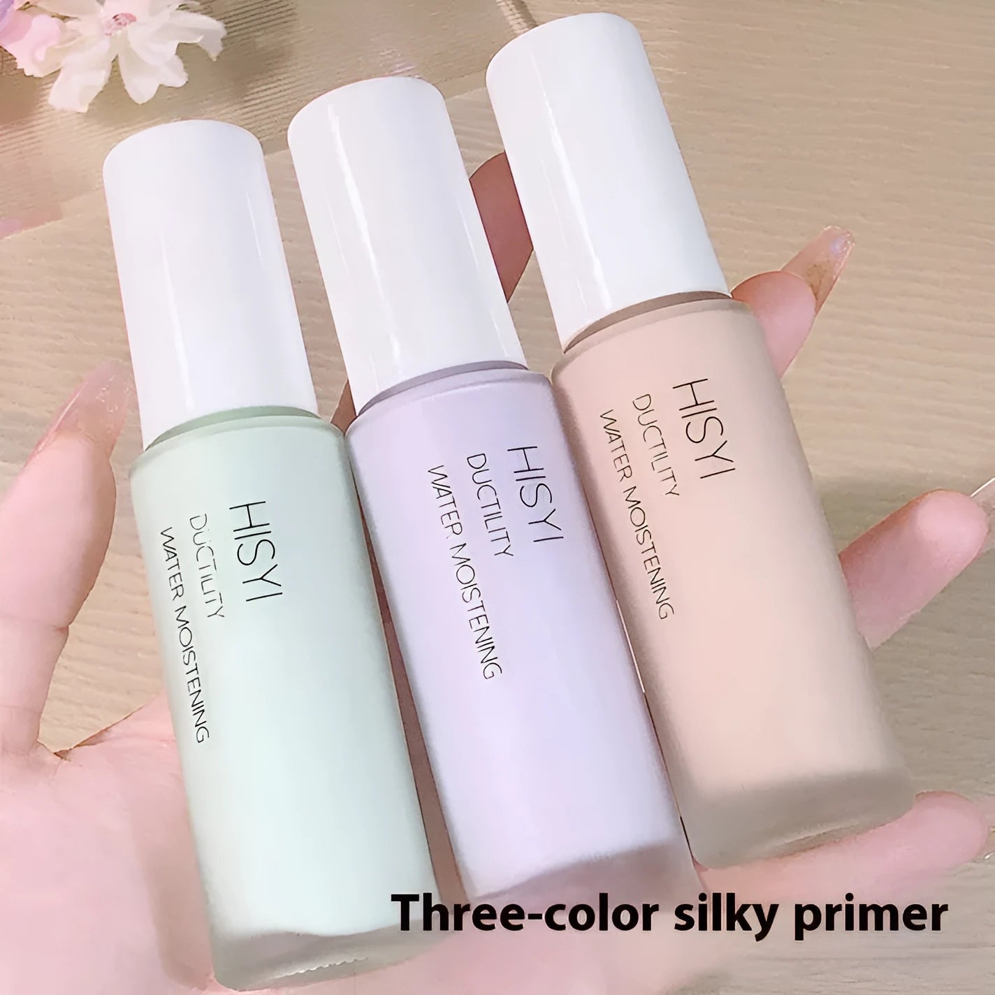 HISYI Silky Clear Makeup Primer tube showing brightening gel formula with three shade options 01, 02, 03