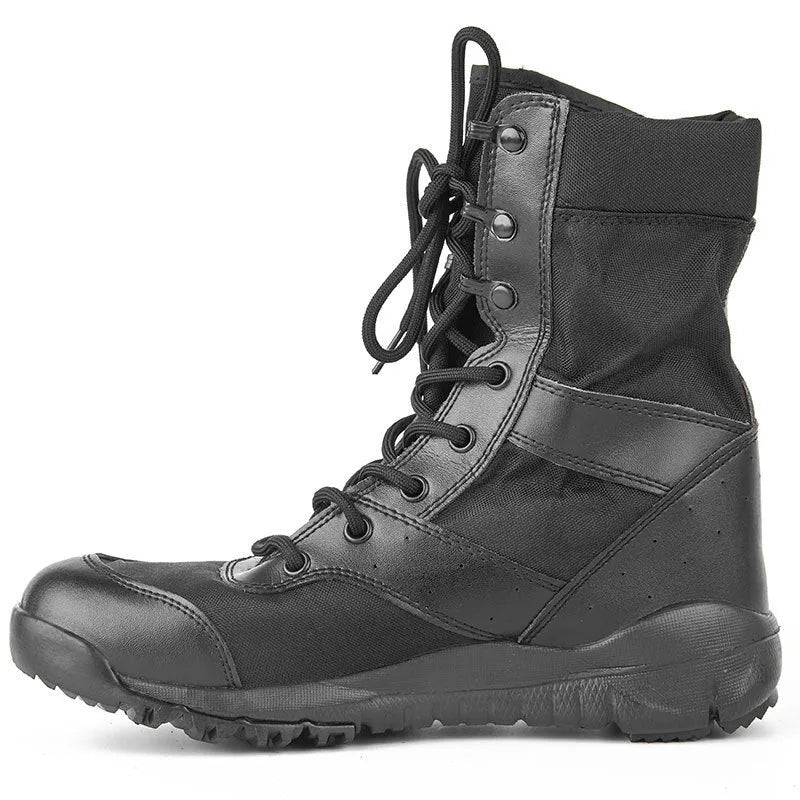 Yulong tactical desert combat boots in black and sand colour on a rocky outdoor terrain.