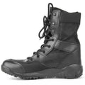 Yulong tactical desert combat boots in black and sand colour on a rocky outdoor terrain.