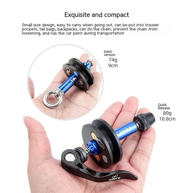 Aluminium alloy bicycle chain holder tool for maintenance, shown in barrel shaft, basic, and quick release versions.