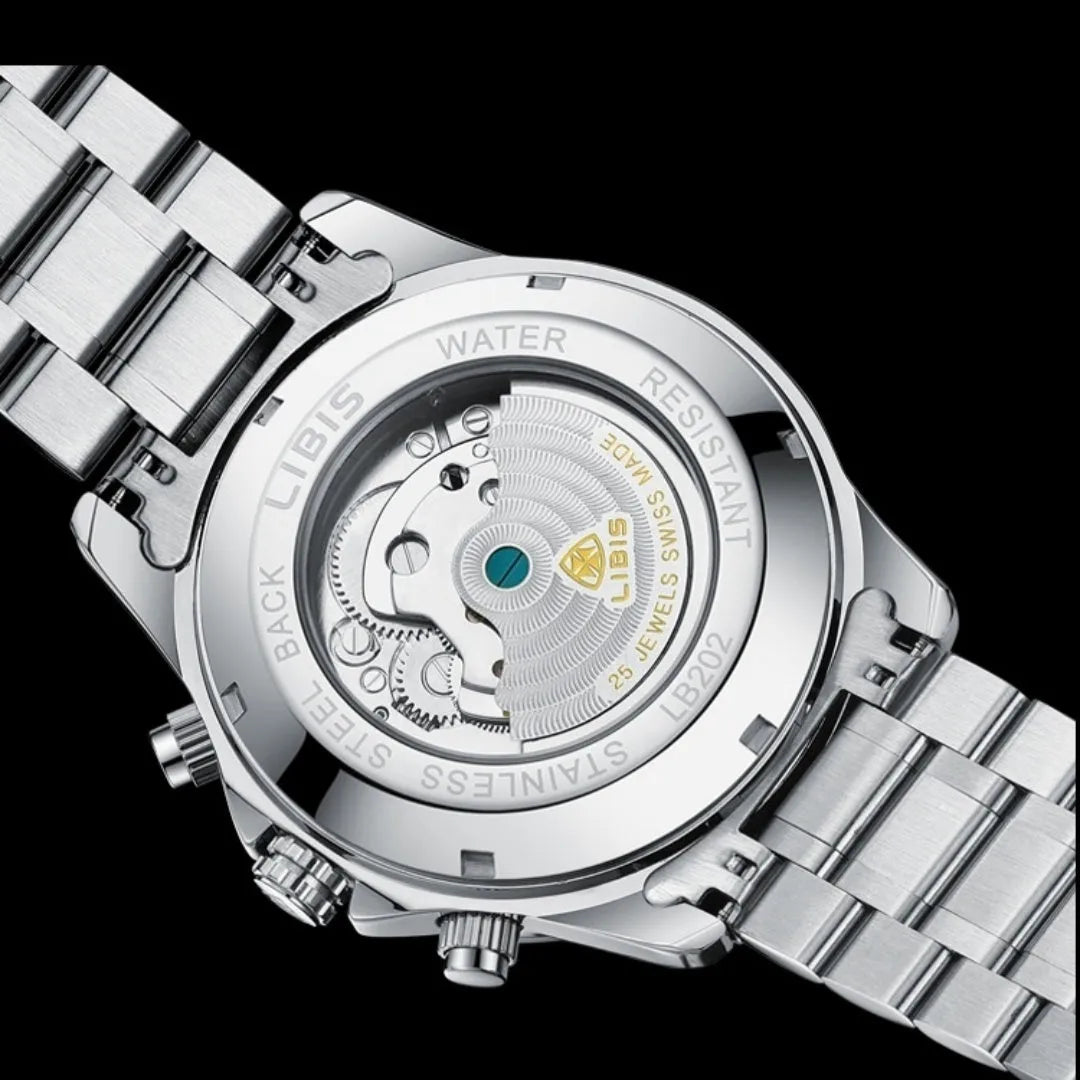 Men's silver automatic perpetual calendar watch with stainless steel strap and sapphire crystal glass