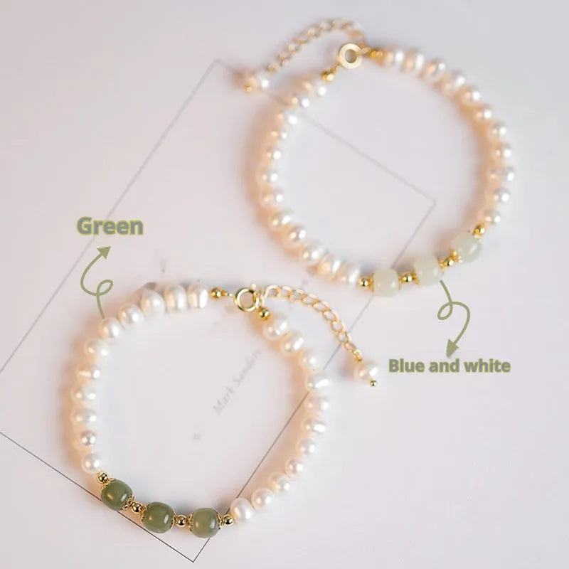 Natural freshwater pearl bracelet with diamond-shaped beads in Korean style, shown in deep Hetian jade colour.
