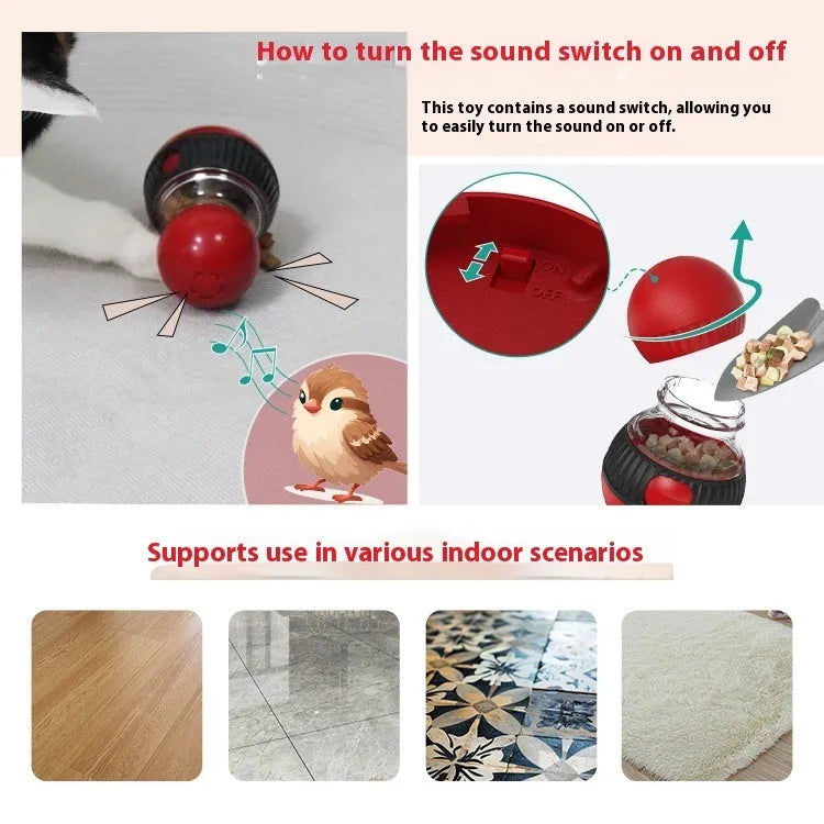 Plastic rotating cat sound ball toy with food dropping mechanism, super ball colour