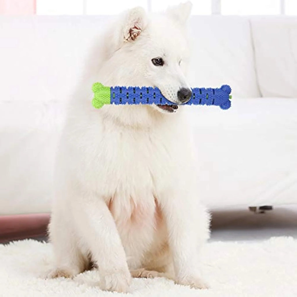 Blue-green silicone dog tooth cleaning stick with brush hair core measuring 25cm long