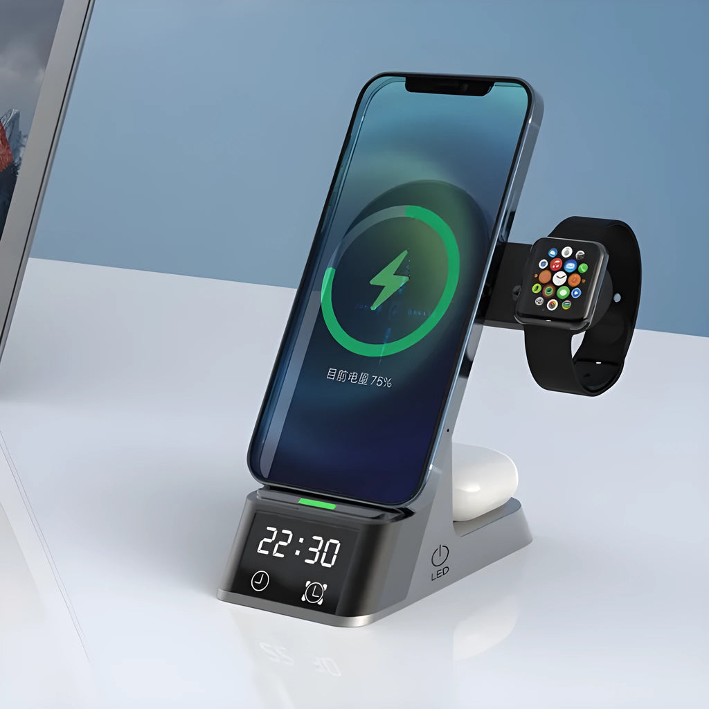 Black multifunctional alarm clock with wireless charging pad, digital display, and USB port.
