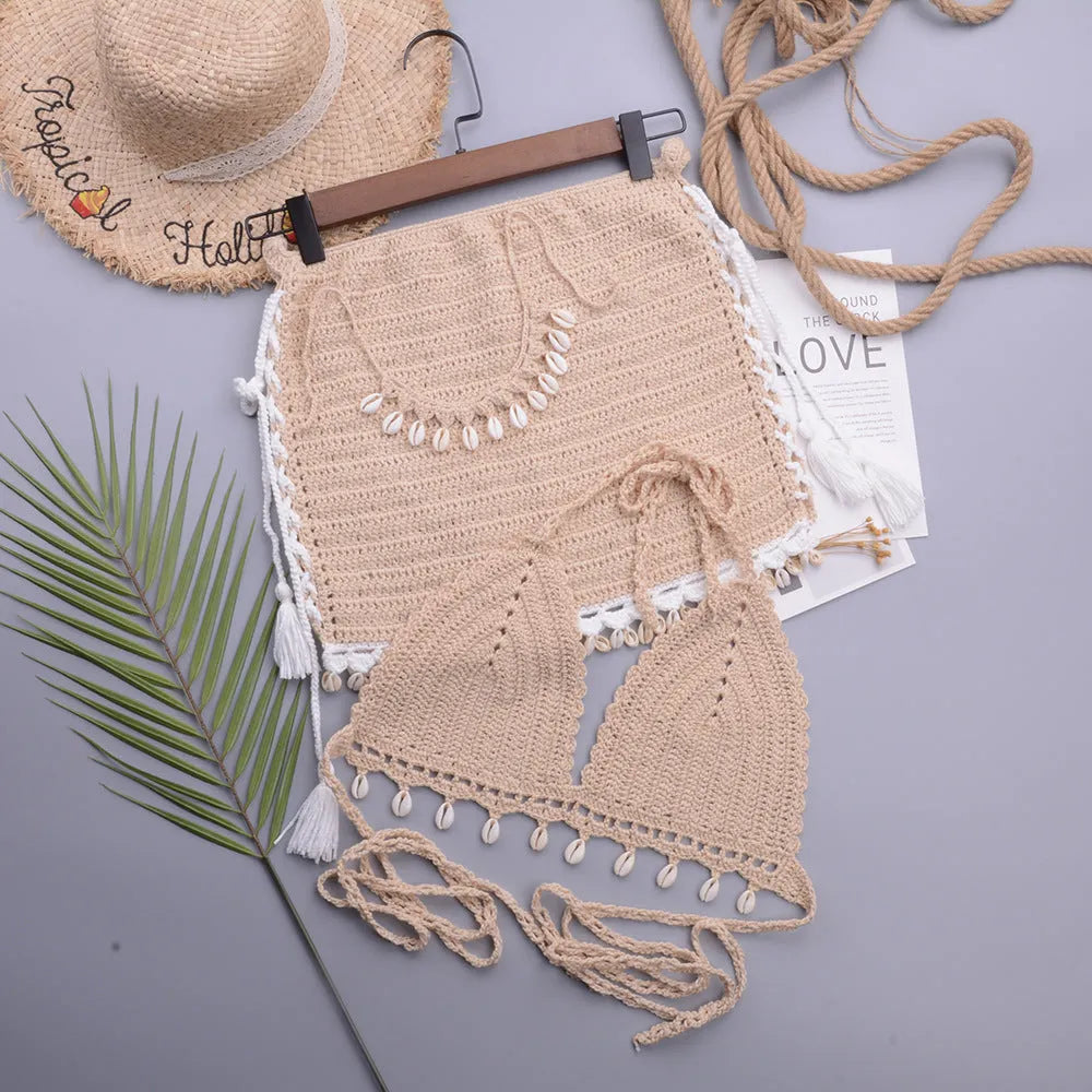 Women's handmade shell lace-up split swimsuit with skirt in solid colour
