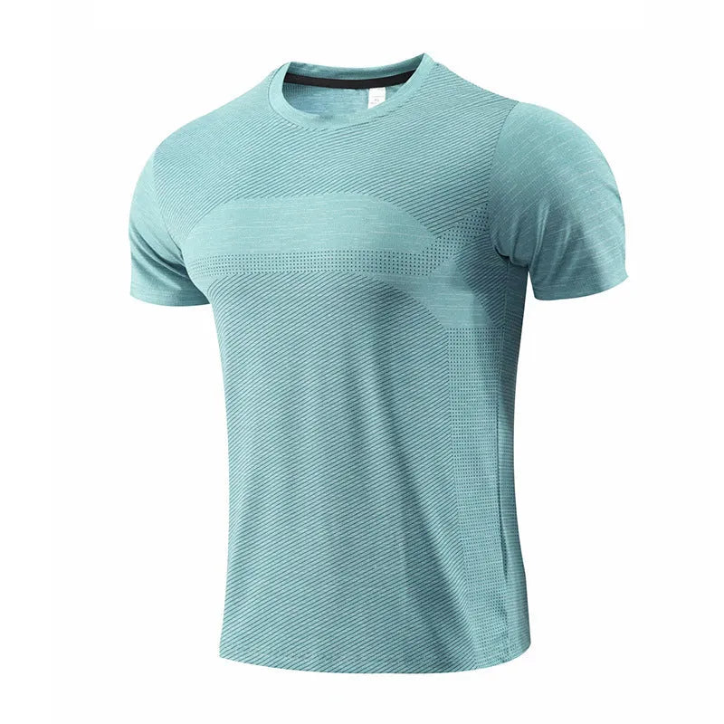 Men's short sleeve sports t-shirt in polyester spandex for running and basketball workouts.