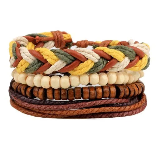 Handmade adjustable leather bracelet with wooden beads and multilayer punk vintage design