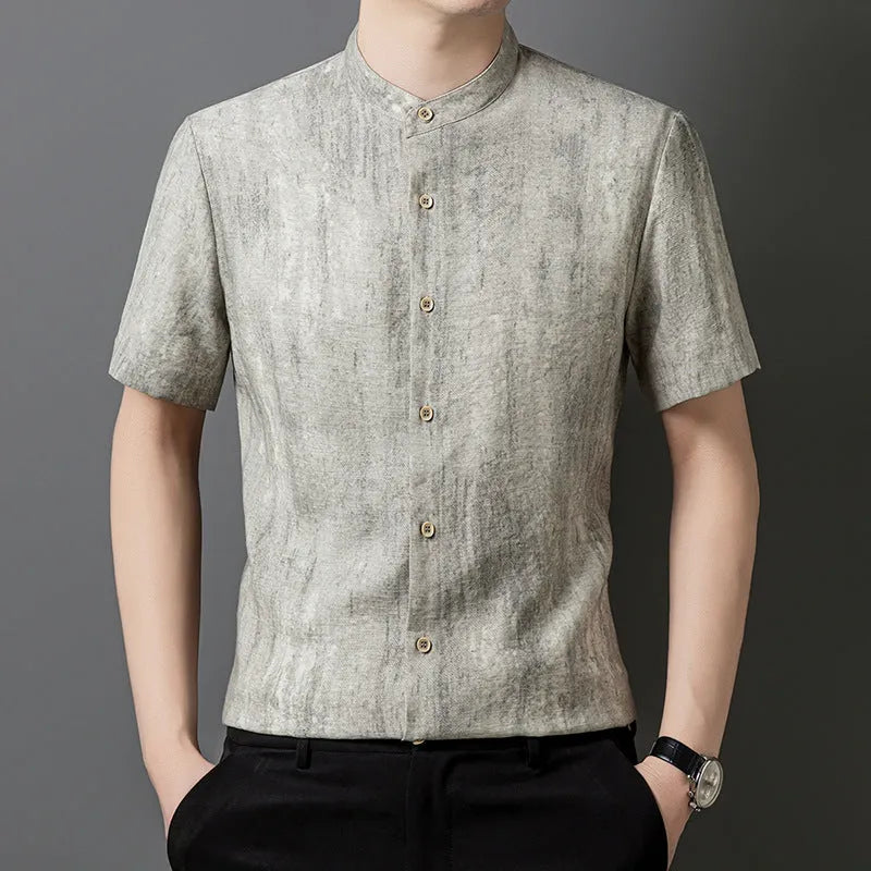 Men's loose linen-style cardigan shirt in chemical fibre blend fabric