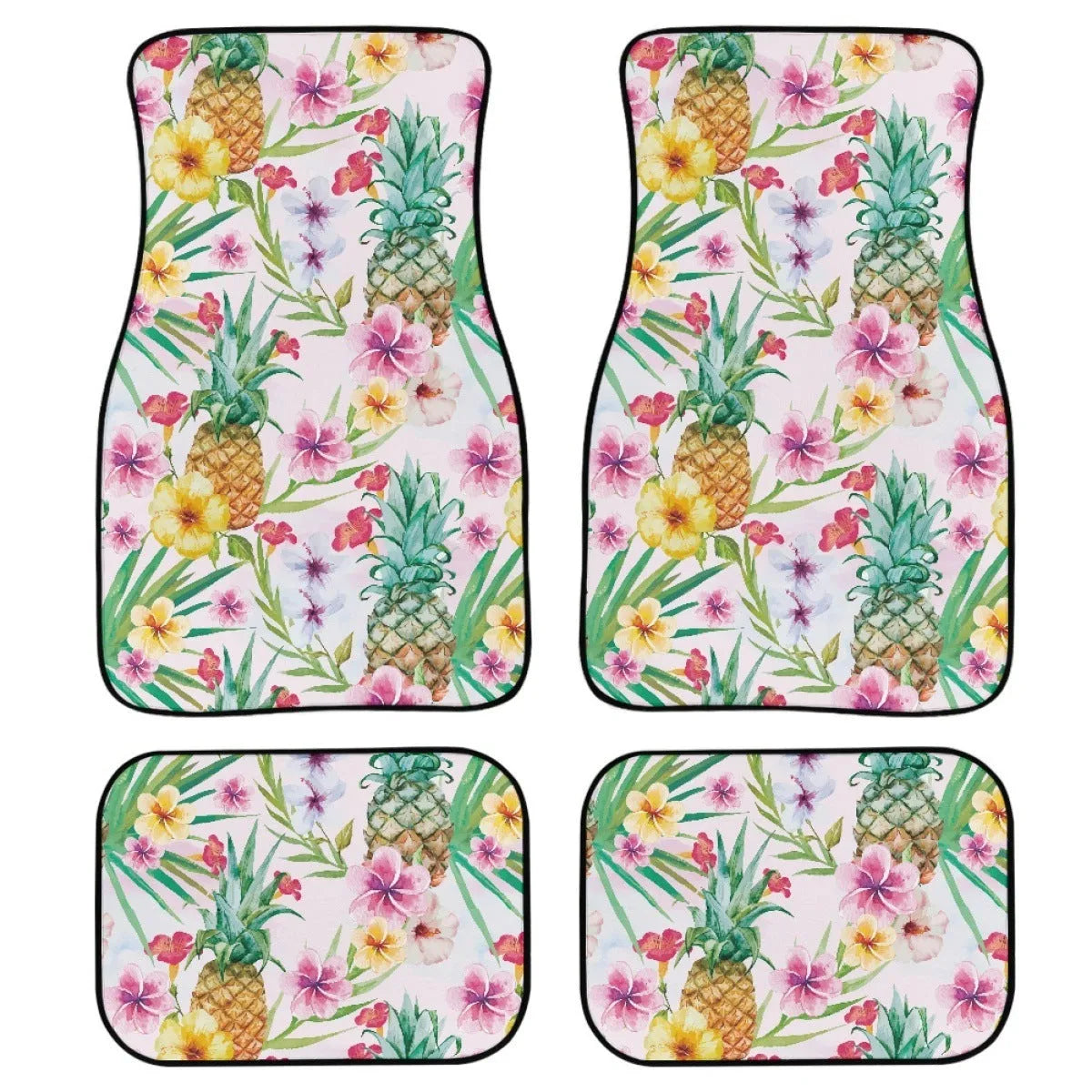 Black printed rubber car foot mat set, four pieces shown, 20mm thick waterproof lining.