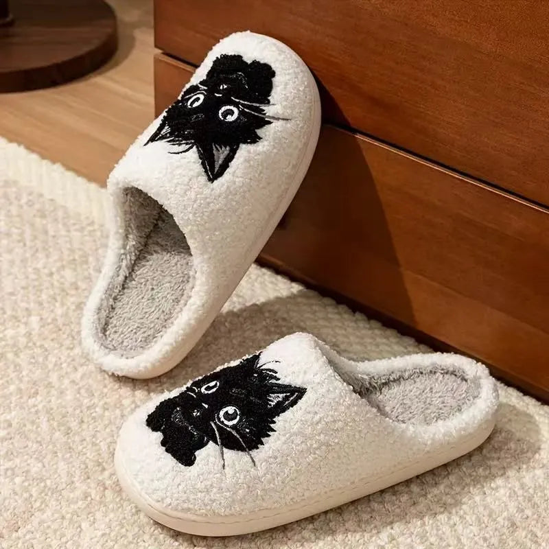 White plush cotton Black Beard Cat cartoon slippers with a non-slip sole for couples.