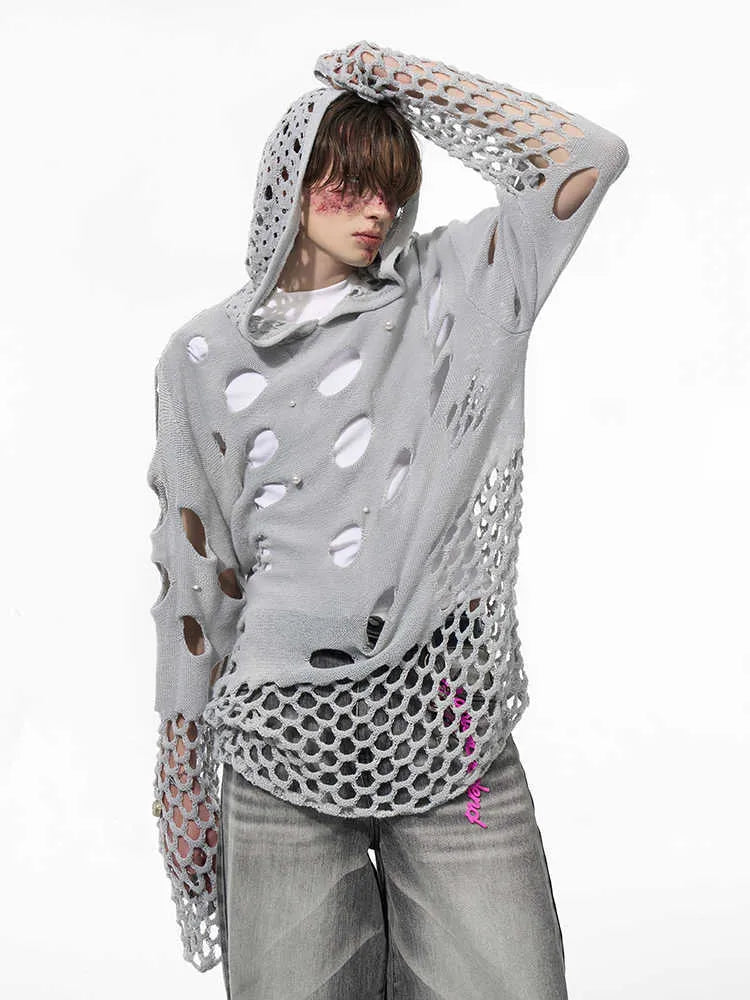 Black loose fit men's hooded sweater with pearl decorative details on hood