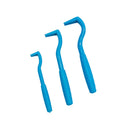 Three plastic pet tick removal tools in blue and green colours with hook design for parasite extraction