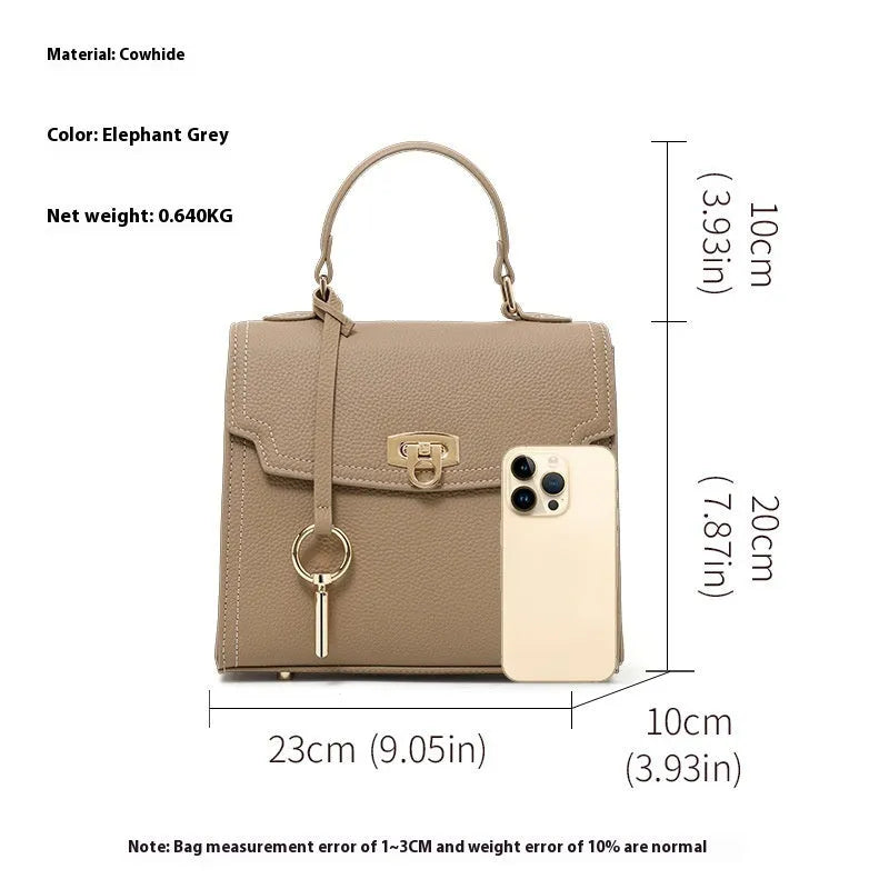 Elephant grey vintage handbag with litchi pattern lock and cowhide leather construction