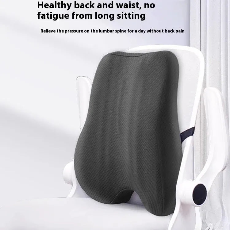 Grey lumbar support cushion for office chair, measuring 40cm by 40cm by 8cm.