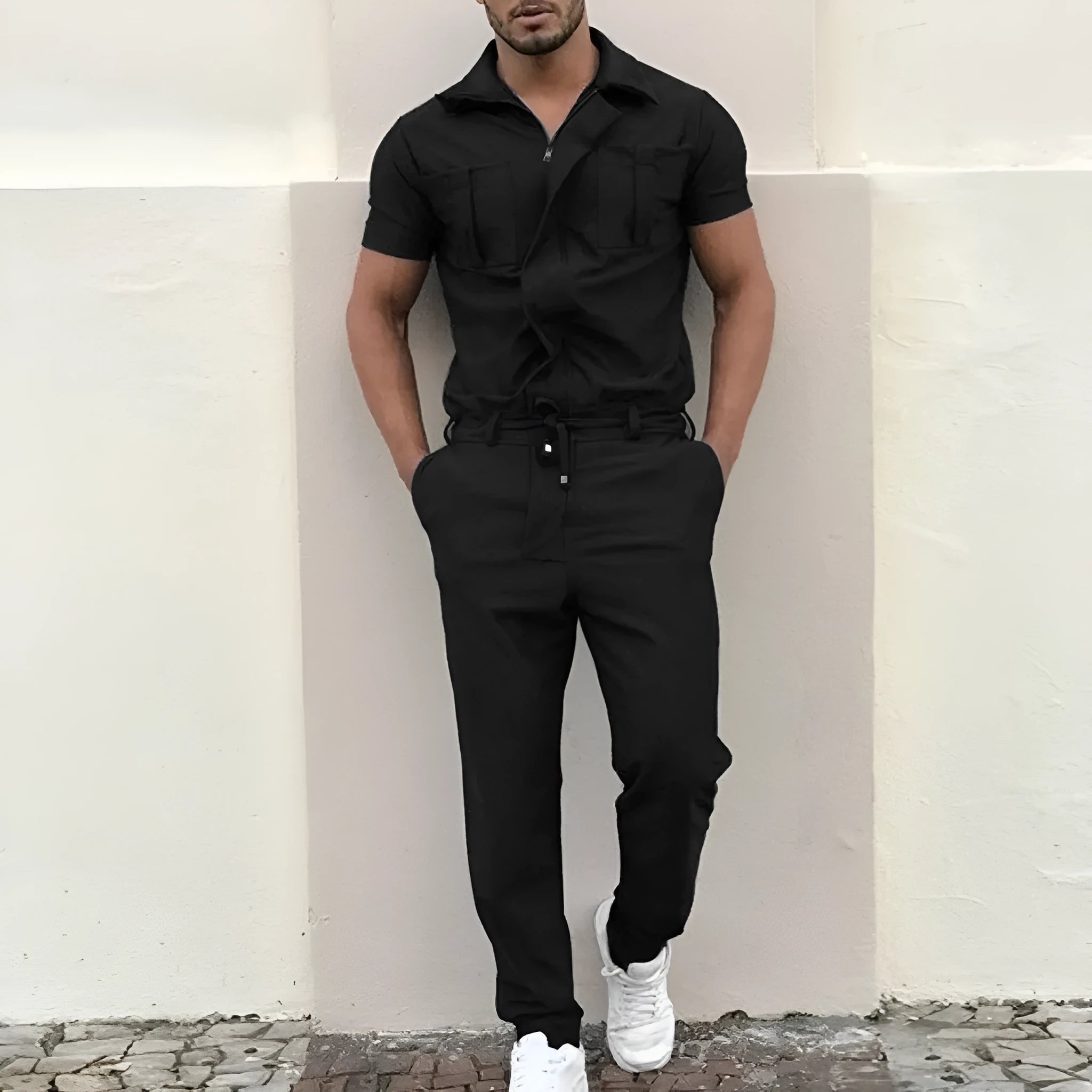 Men's cotton casual loose one-piece suit with top and shorts in black
