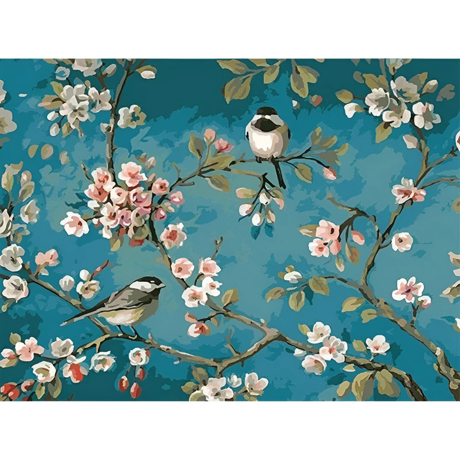 Hand-painted abstract oil painting of blue flowers and birds on 40x50cm linen canvas