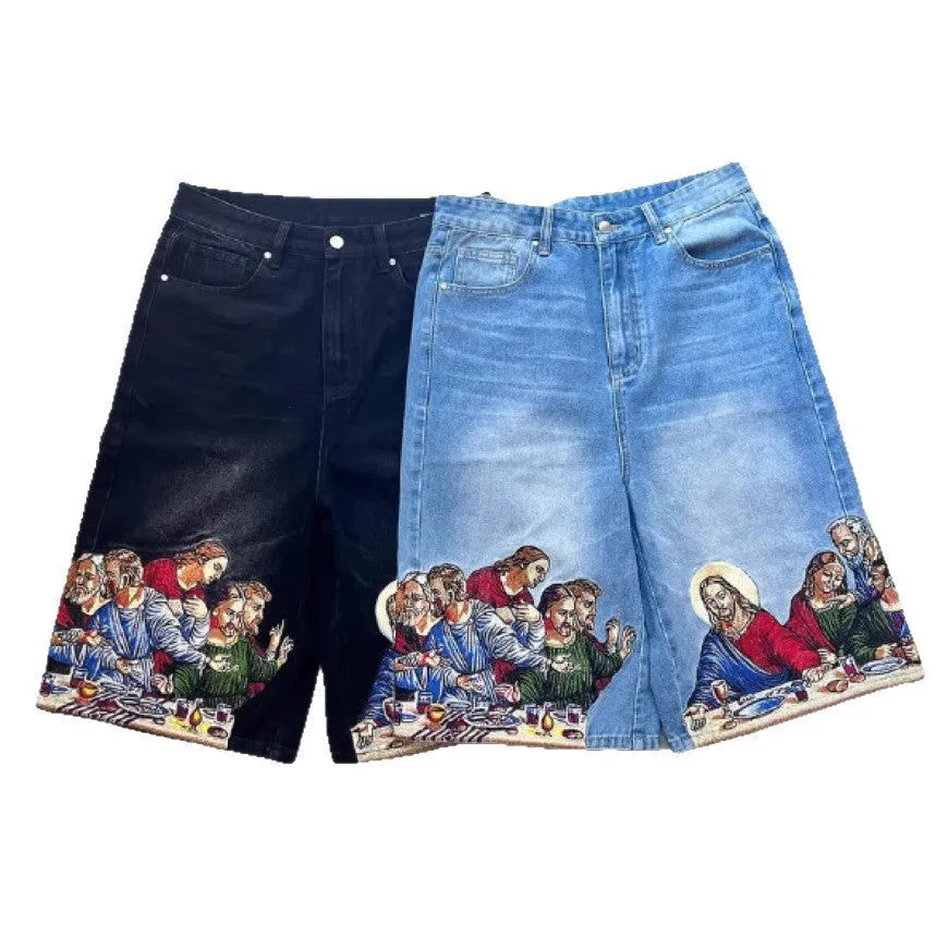 Blue men's cotton tapered shorts featuring a Jesus print on the back pocket.