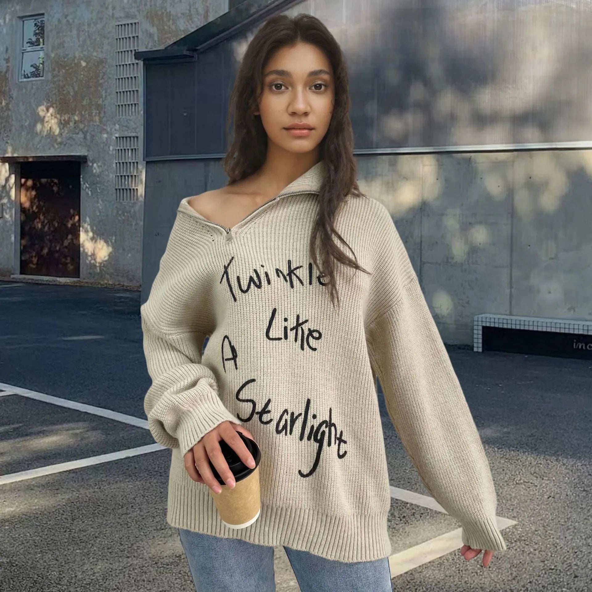 Women's loose lapel pullover sweater with asymmetric front zipper in alpaca wool fleece fabric