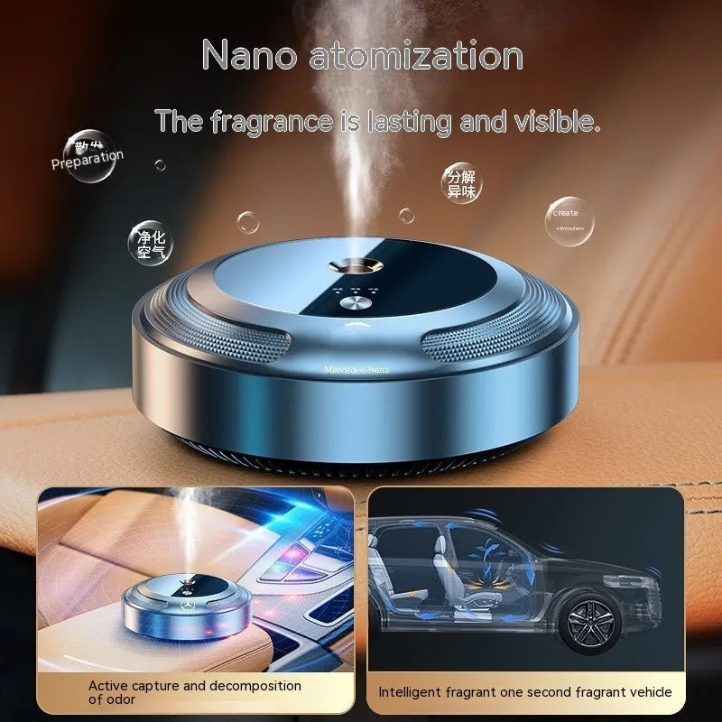 Automatic car air freshener diffuser with zinc alloy shell, three fragrance oils, and USB charging cable