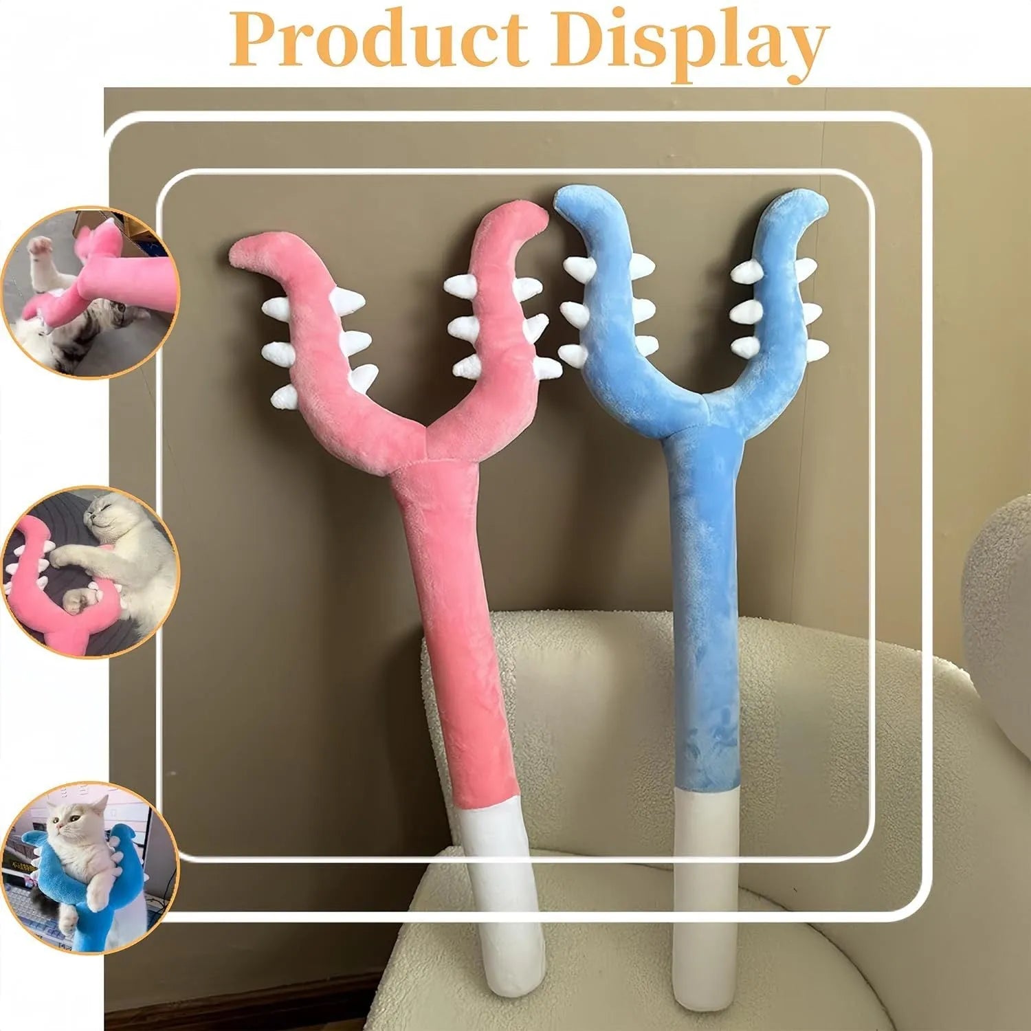 70cm blue plush cat wand toy with foam-filled tip for interactive indoor pet play