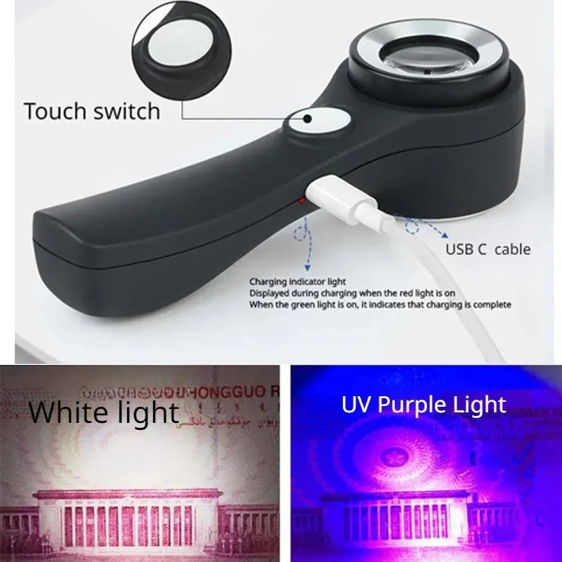 Black and silver metal jewellery appraisal magnifying glass with optical glass lens and USB-C cable.