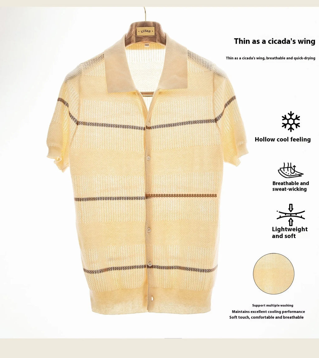 Men's camel coloured lapel collar short sleeve cardigan made from linen and cotton blend fabric