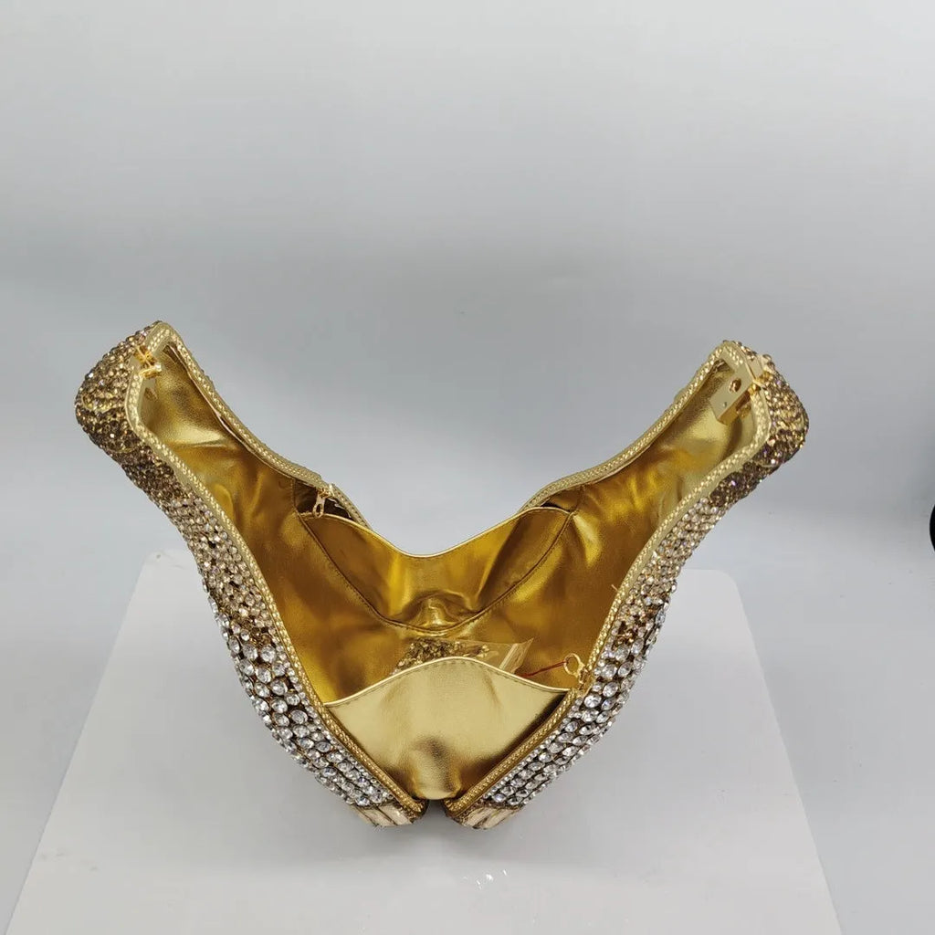 Gold rhinestone champagne bottle shaped evening clutch with hard alloy construction
