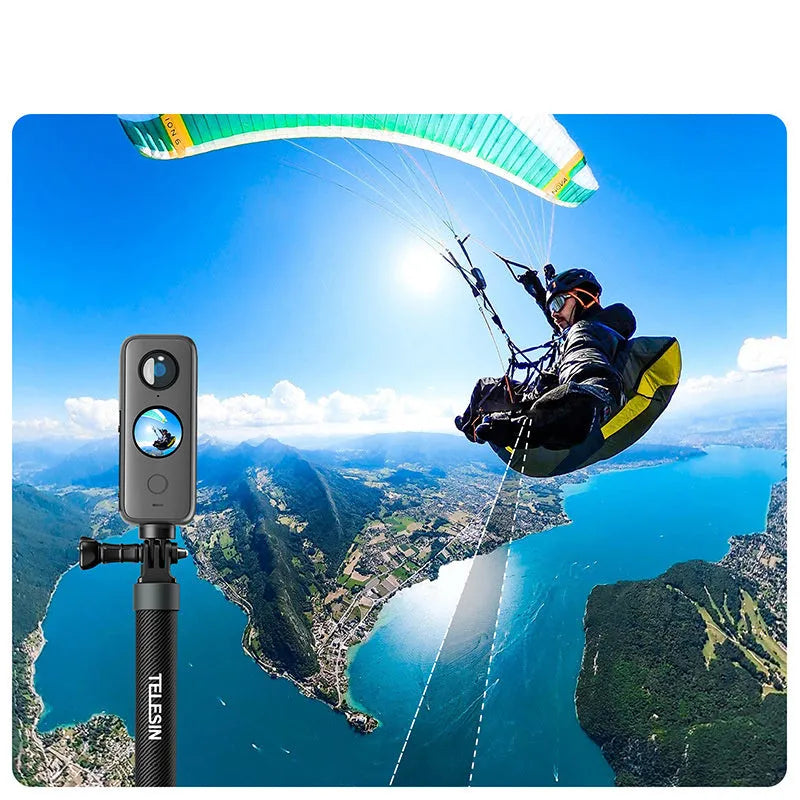 Extendable carbon fibre selfie stick collapsed to 32cm and extended to 120cm showing aluminium alloy shaft and silica gel handle for GoPro Insta360