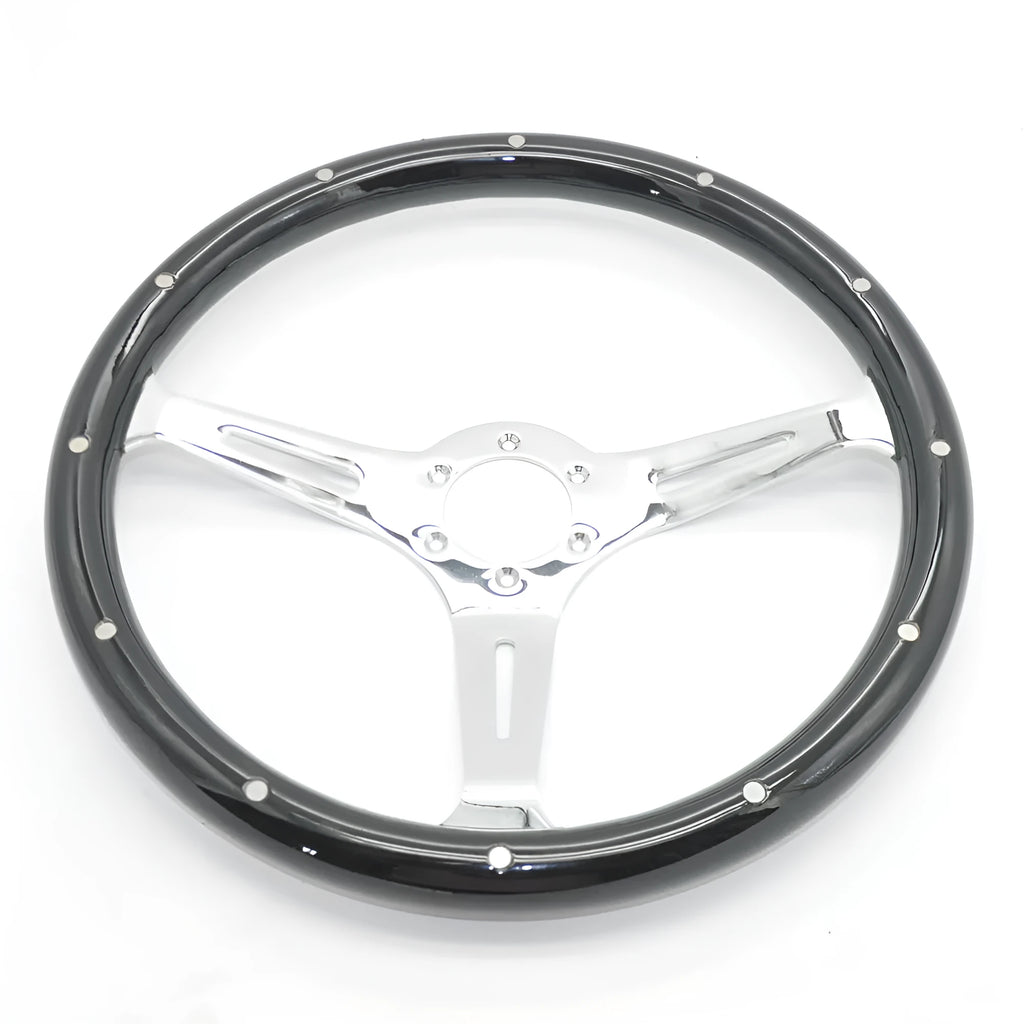 Black stained peach wood steering wheel for classic cars with electroplated finish