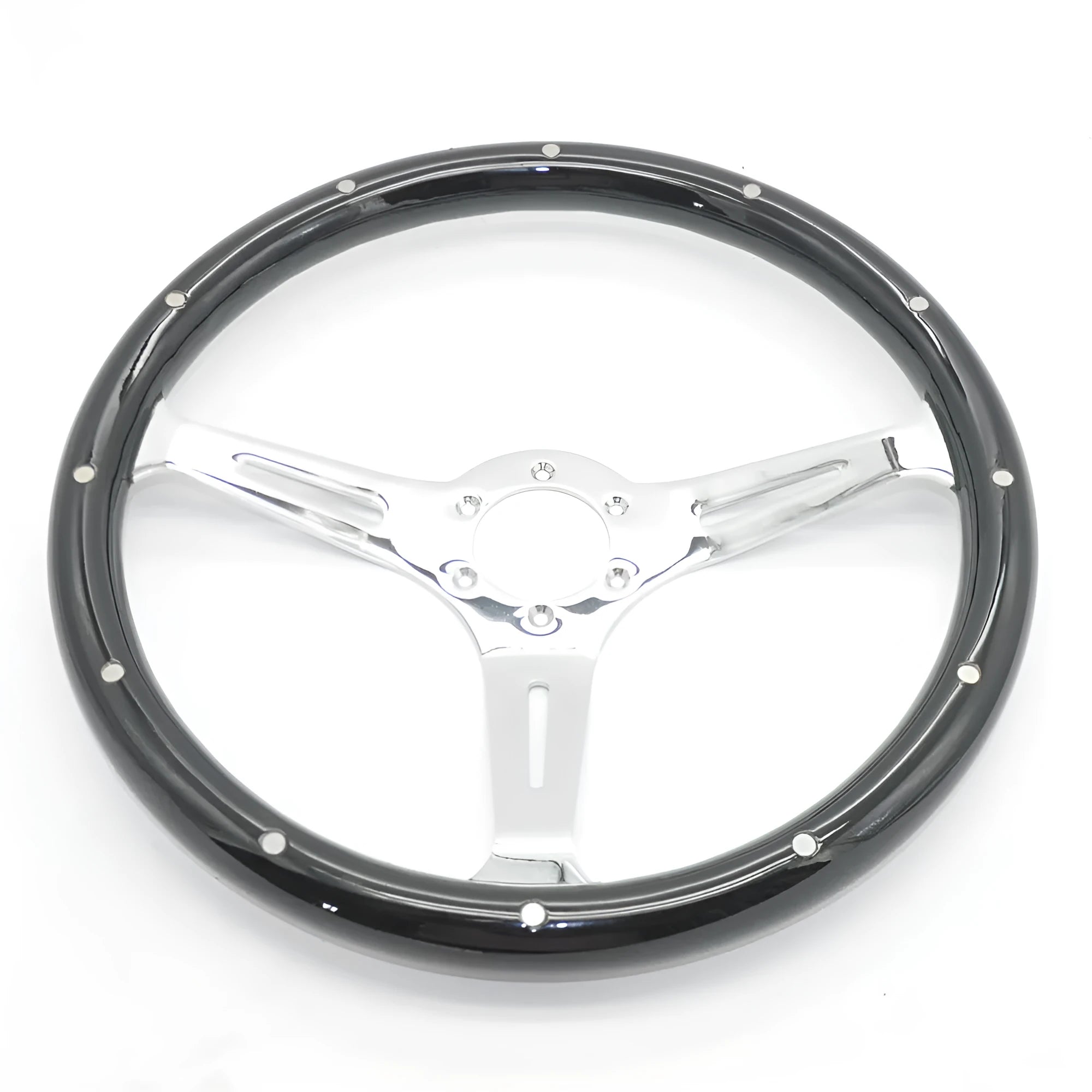Black stained peach wood steering wheel for classic cars with electroplated finish