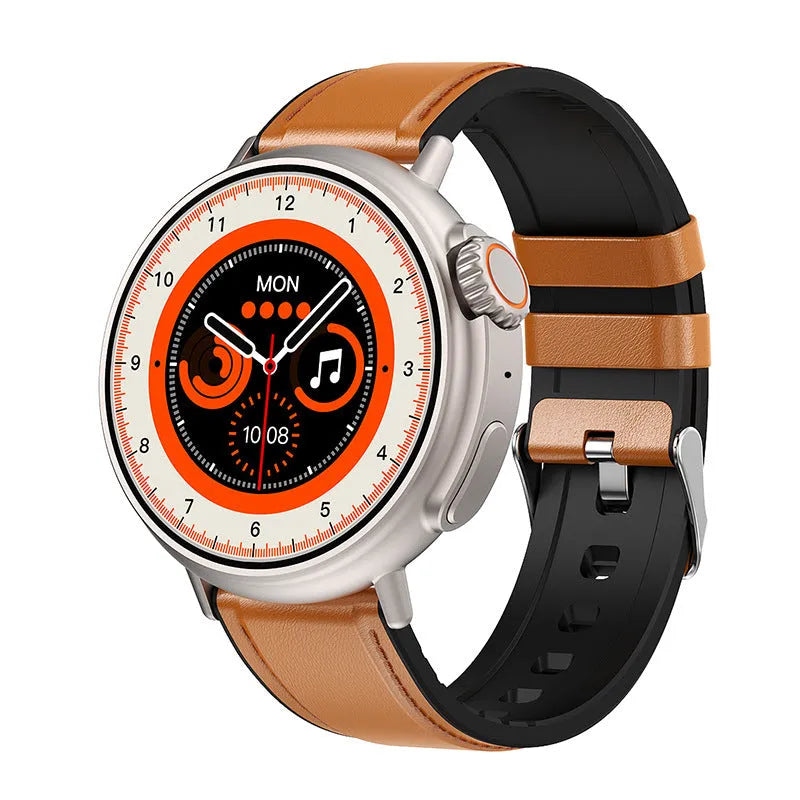 K9 smartwatch with round screen on silicone strap, showing health stats and NFC payment icon.