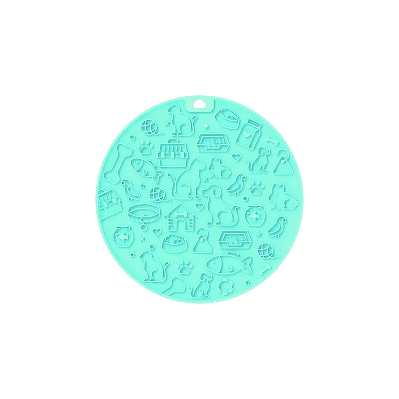 Round silicone pet licking mat with textured surface and suction cups in various colours