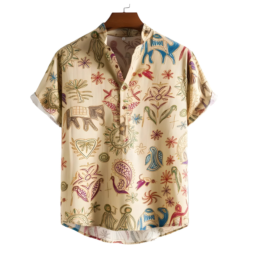 Man wearing a loose-fit cardigan-style shirt with a 3D digital colour print pattern.