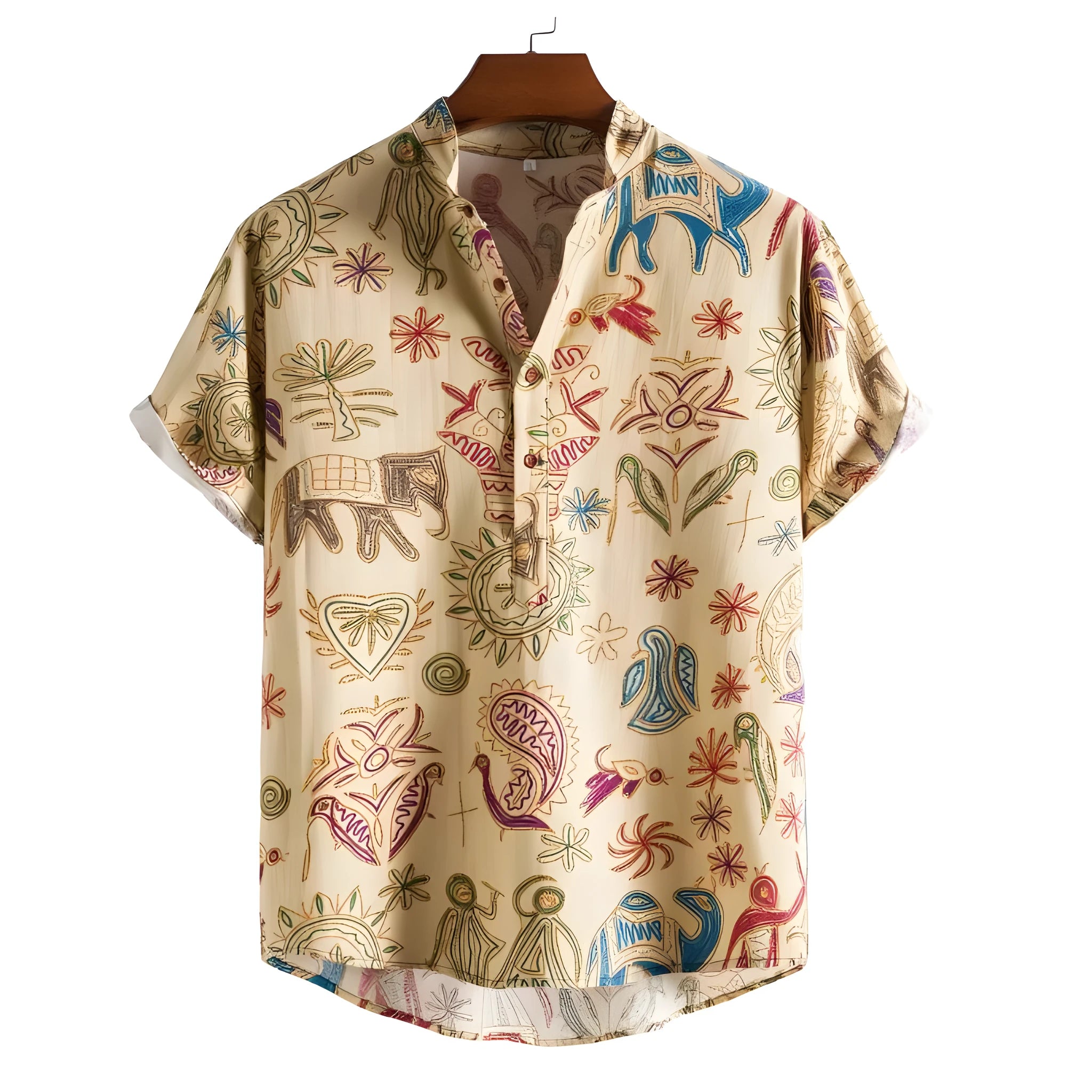 Man wearing a loose-fit cardigan-style shirt with a 3D digital colour print pattern.