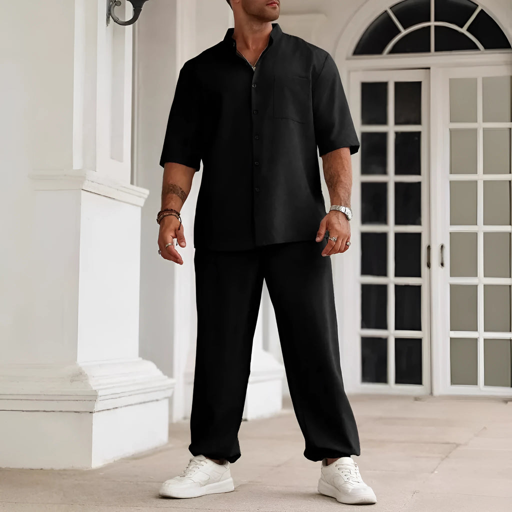 Men's cotton linen casual short-sleeved shirt and trousers set in apricot colour