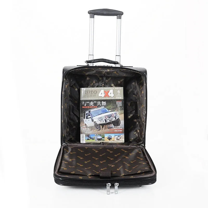 Black PU leather business case with airplane wheels and locking mechanism