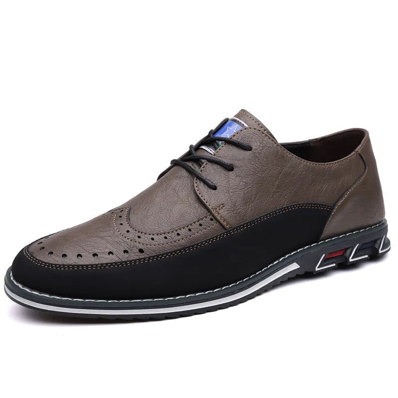Men's casual leather shoes with low top, rubber sole, and leather toe cap in multiple colour options.
