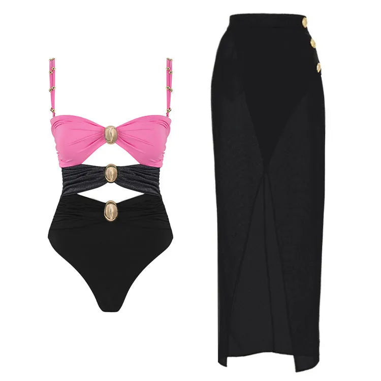 Women's solid colour one-piece swimsuit with matching skirt and gold button detail in assorted colours